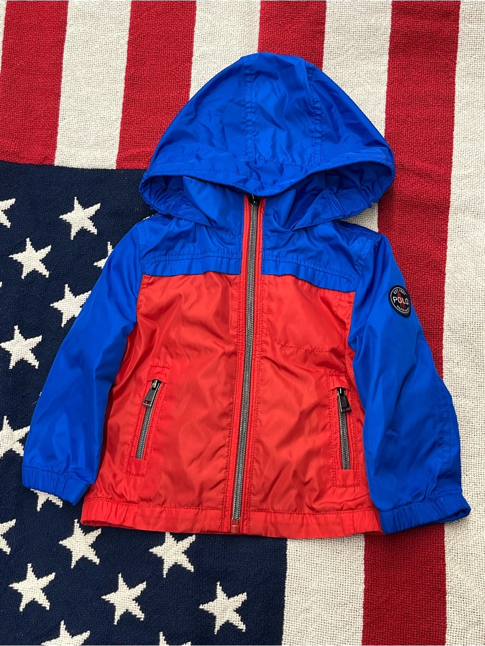 Polo by Ralph Lauren Blue & Red Kids Hooded Windbreaker Jacket Size 12 Months